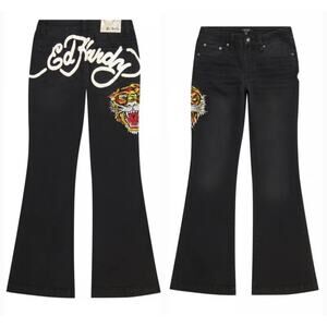 Ed Hardy Womens TIGER HEAD SLIM FLARE JEAN Sz 32 12 14 Embroidered Y2K High Rise